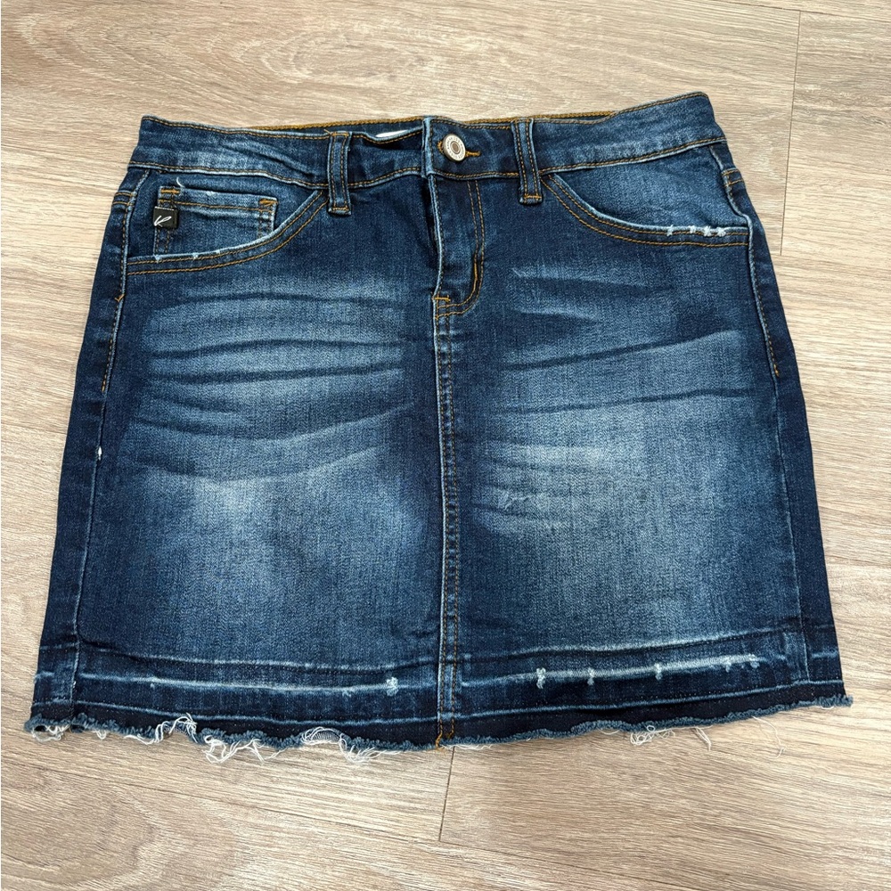 KanCan Dark Wash Distressed Mini Skirt